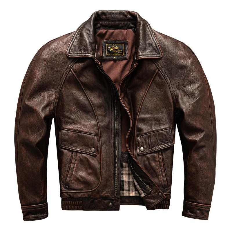 

Red Brown Winter Leather Jacket Men Vintage Style Plus Size 5XL Genuine Natural Cowhide Turn-Down Collar Leather Coat