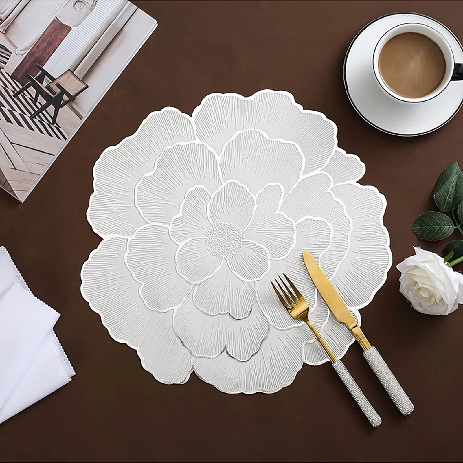 4Pcs PVC Waterproof Wipeable Mats Insulation Peony Flower Placemat Table Mat Coaster Centerpiece for Wedding Party Home Decor