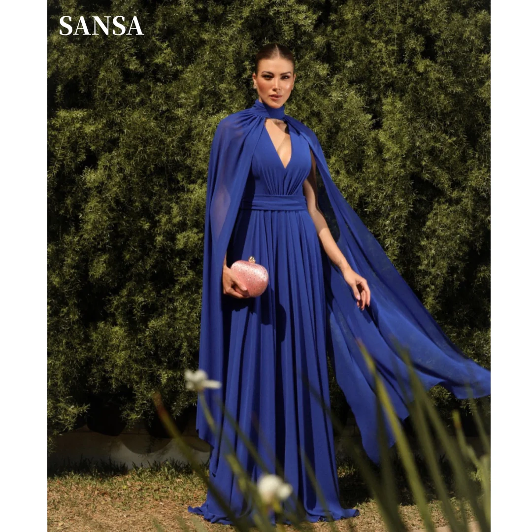 

Sansa Jewelry Blue فساتين السهرة Cape Sleeve A-line Vestidos De Noche Deep V-neck Chiffon Cape Prom Dresses 2024