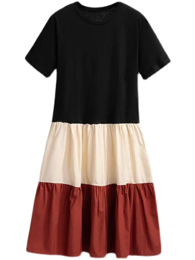 plus Size Summer New Style Slimming Color Block Short Sleeve Dress Loose Fit Conceal Meat Korean Style T-Shirt Dress Casual Wear