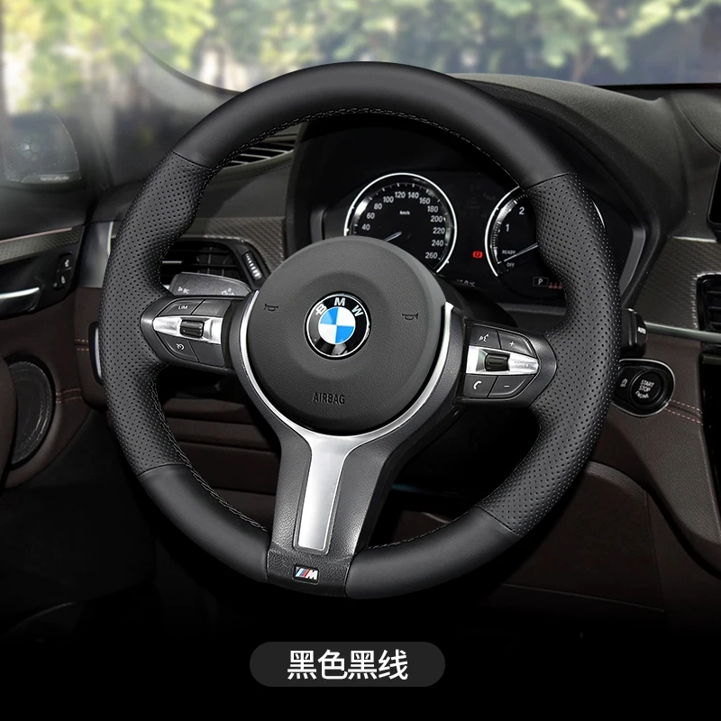 DIY Hand Sewing Car Steering Wheel Cover for BMW 3 Series 325i 525Li X1 X2 X3 Black Car Genuine Leather Interior Accessories