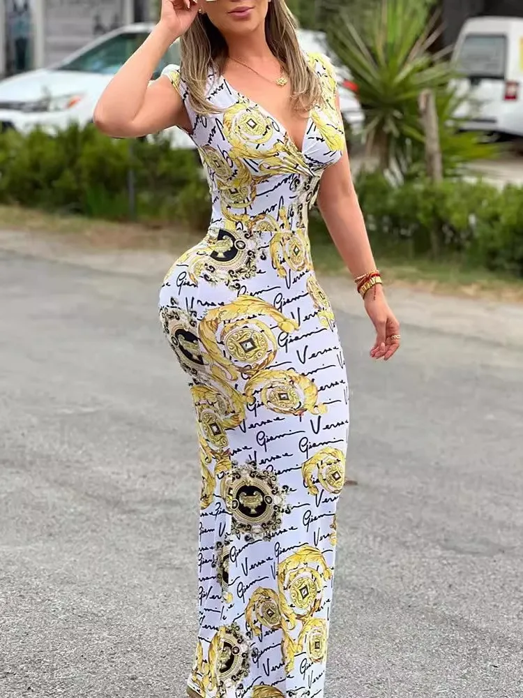 

Fashion Printed Slim Long Dresses Women Sexy V-neck Package Hip Bodycon Sleeveless Dress Temperament Ladies Commuting Vestidos