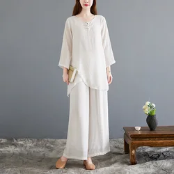 New Vintage National Style Cotton Linen Zen Tea Suit Zen Dance Suit Long Sleeve Yoga Suit Chinese Clothes for Women