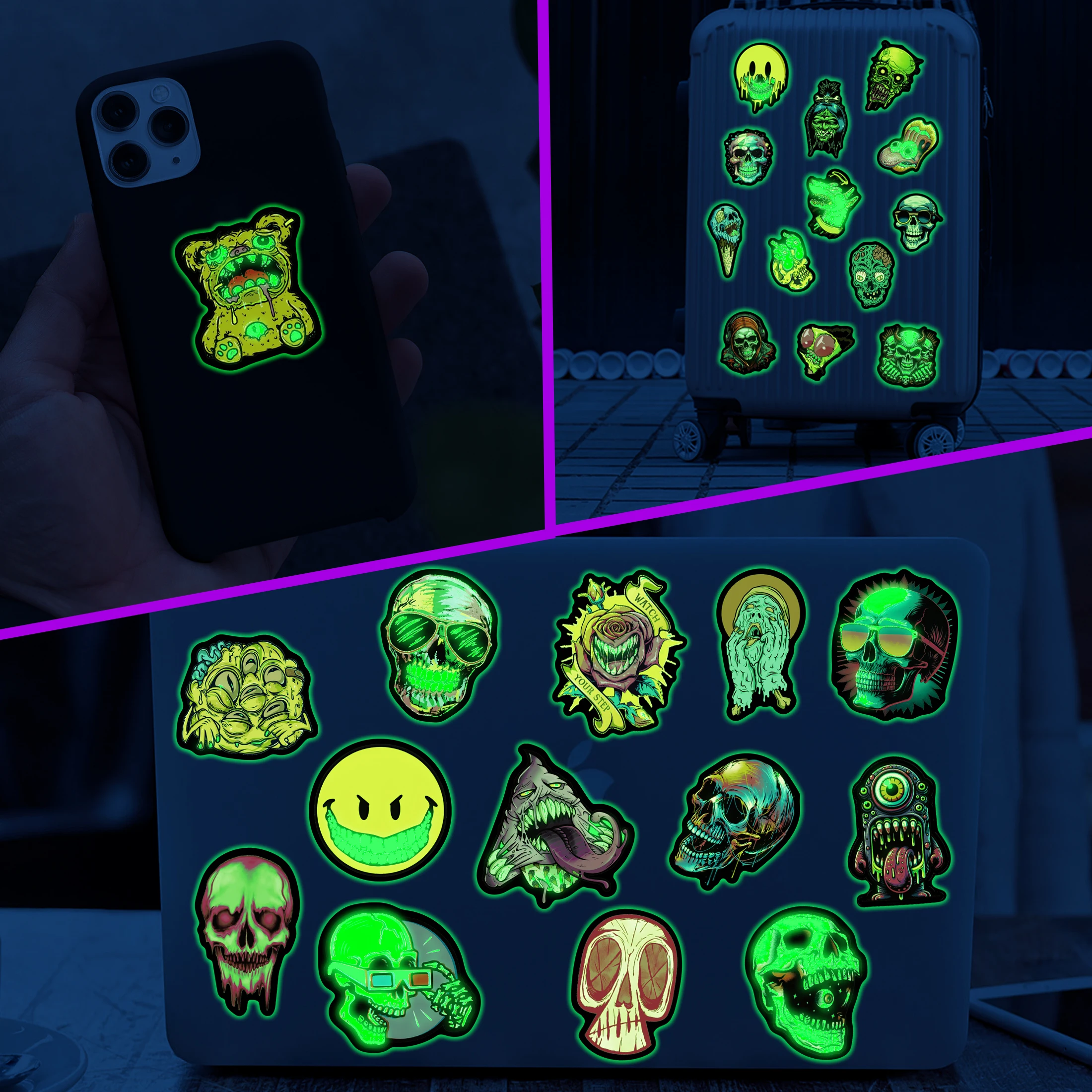 Glow in The Dark Skull Stickers 52pcs Horror Luminous Self-adhesive Water Bottle Waterproof Stickers Wall Art, For Home Decor