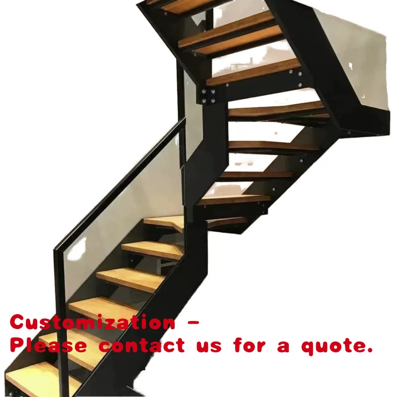 custom.Modern Indoor Floating L-Shape Solid Wood Straight Single Beam Stairs with Stainless Steel Handrail Customizable Factory