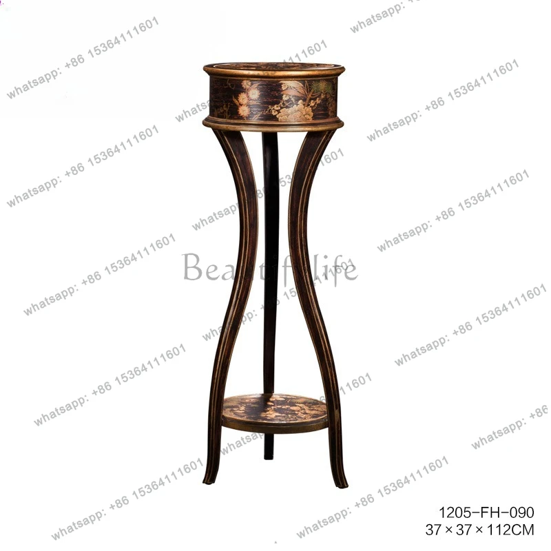 

French Chinese style retro solid wood flower few traces silver foil painted black tall flower stand
