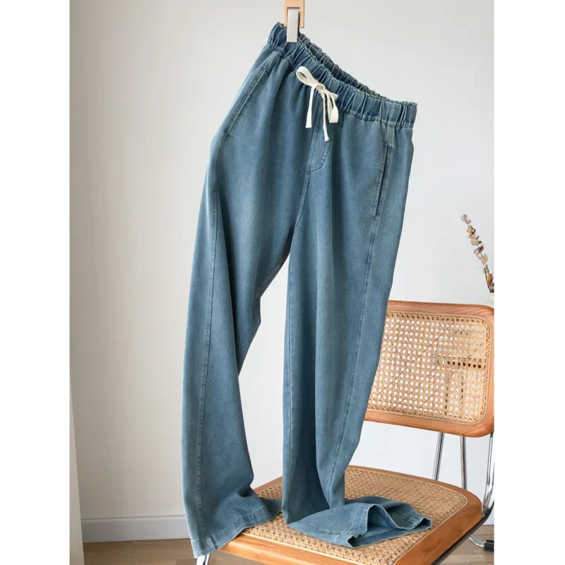 Summer Lyocell Soft Wide Leg Jeans Women Drawstring High-Waisted Loose Lightweight Wide-Leg Pants