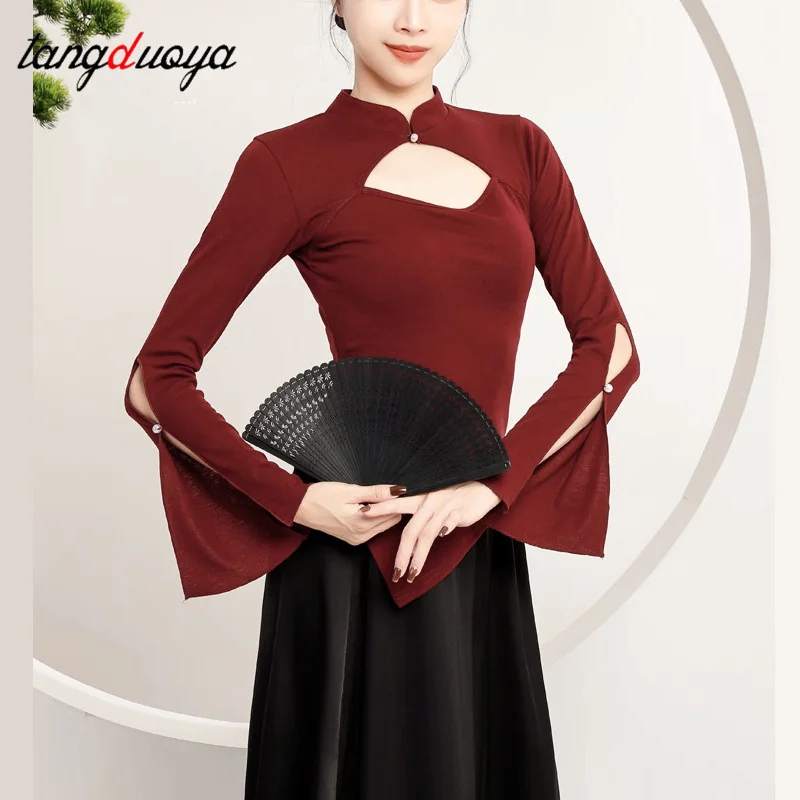 

Classical Dance top Women Lyricism Dance Costume Modern Dance Practice Shirt Cheongsam Collar Hollow long sleeve dance Costume