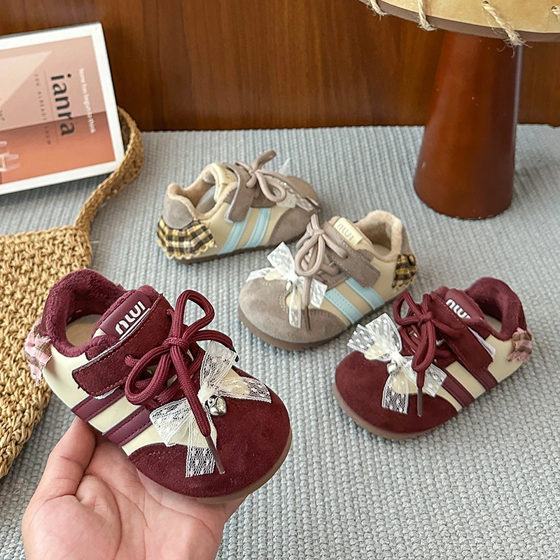 Kids'Casual Shoes PU Leather Bow Color Blocking Autumn Running Shoes For Children Anti-slip Breathable Red Khaki Size 23-34