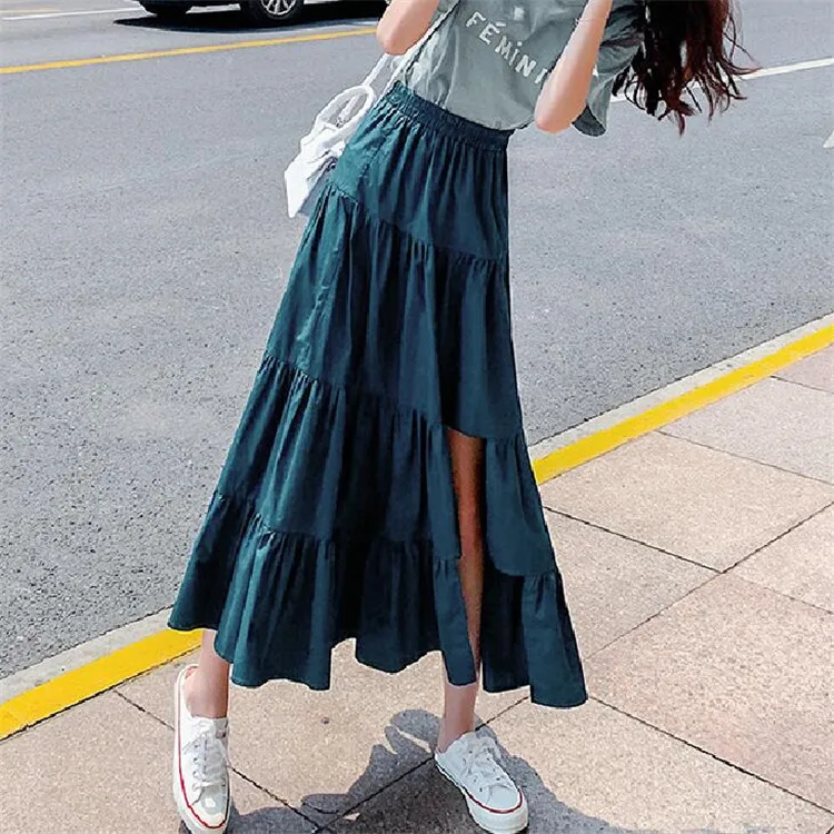 أزياء ربيع الخريف القطن الكتان التنانير ماكسي، أزياء الشارع ارتداء عدم التماثل كشكش تنورة بالإضافة إلى حجم تنورة أسود أبيض أحمر #5