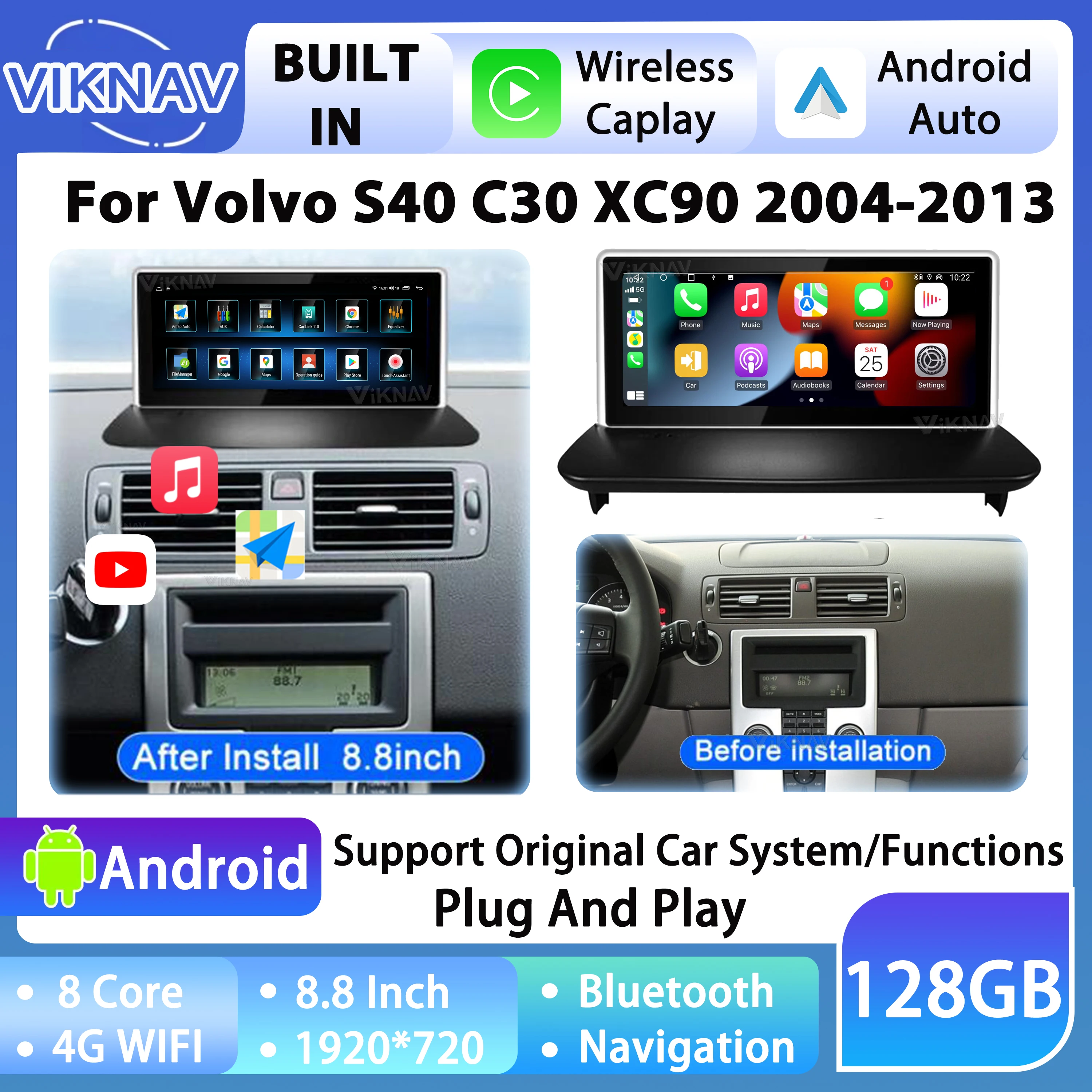 

Android Car Radio For Volvo S40 C30 XC90 2004-2013 GPS Navigation Multimedia Player IPS Touch HD Screen Carplay Auto WIFI Unit