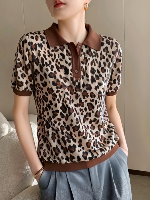 

Retro Leopard Print f Button Crew Ne ort Sve T-irt Women's Faionable Summer Top Korean Sle Loose Fit Commute ...