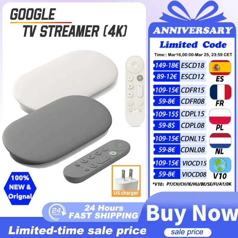Lecteur multimédia Google TV 4K Porcelain/Hazel, prend en charge la technologie 4K, HDR et Dolby Vision, appareils connectés pour la maison intelligente, chargeur US.
