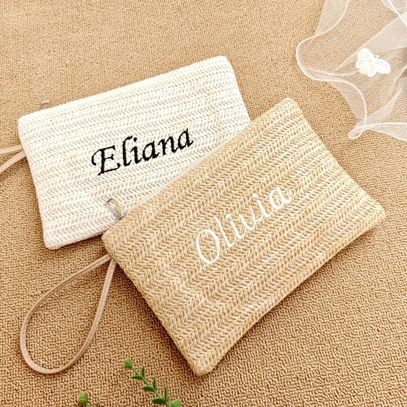 Custom Name Straw Woven Makeup Bag Embroidery Text Handheld Women Bag Portable Storage Bag for Phone Coins Small Items Daily Use