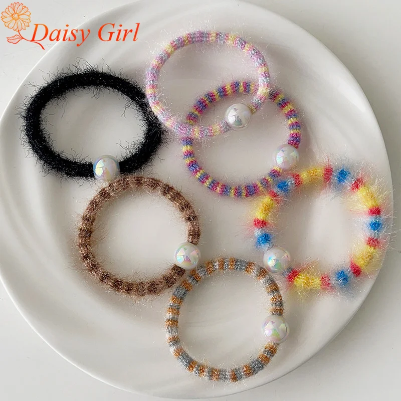 New Sweet Rainbow Wool Hair Tie Elegant Does Not Damage Women Hair High Elastic High Ponytail Pearl Hair Rope Hair Accessories