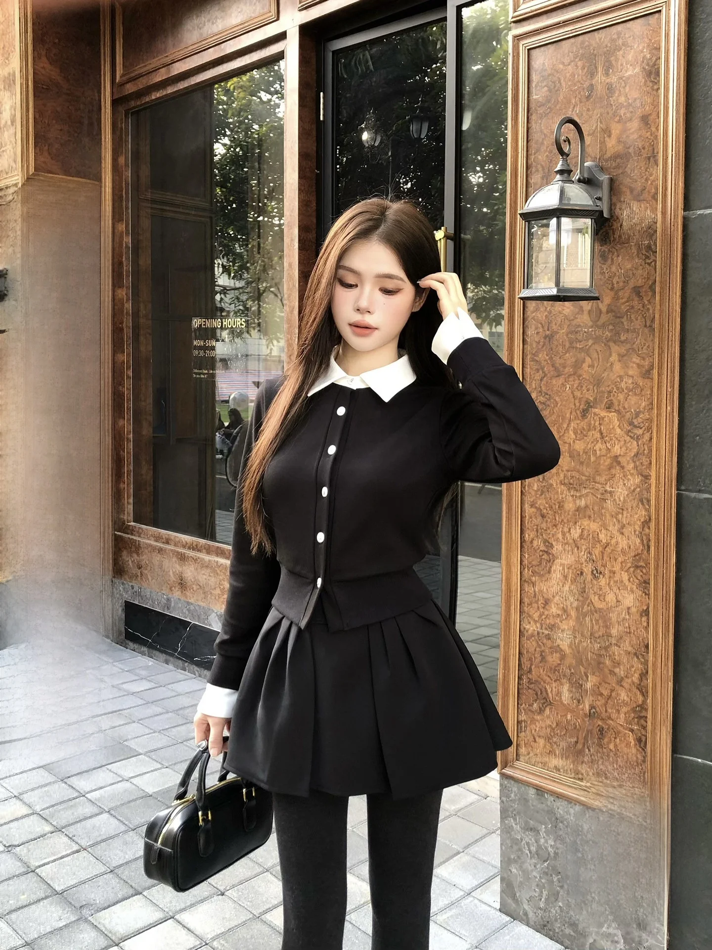 

Slimming Miu Series Academy Sle ter Ne f Skirt Set Women's Faion French Sle Long Sve ort Coat with Stand C...
