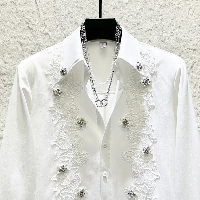 New Heavy Industry Nail Bead Lace Embroidery Long Sleeved Shirt for Men Luxury Casual Shirt Party Banquet Stage Performance Top