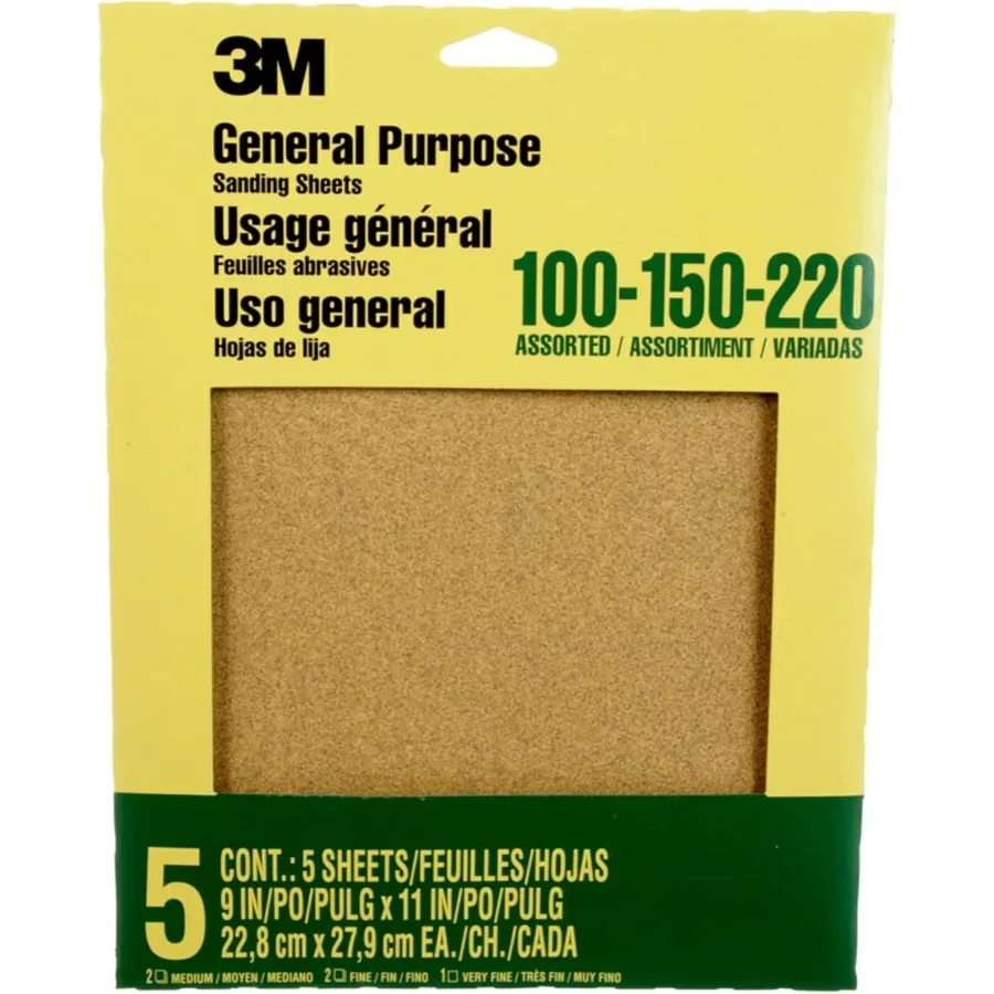

3M Aluminum Oxide Sandpaper 5 Sheets Assorted Grit 100-150-220 9-in x 11-in Multi-Purpose Abrasive Sanding Paper For General Pu