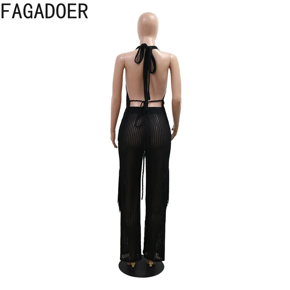 FAGADOER Elegant Tassels Two Piece Sets Halter See Through Sexy Outfits Back Lace-up Irregular Top and Sheer Straight Pants Suit