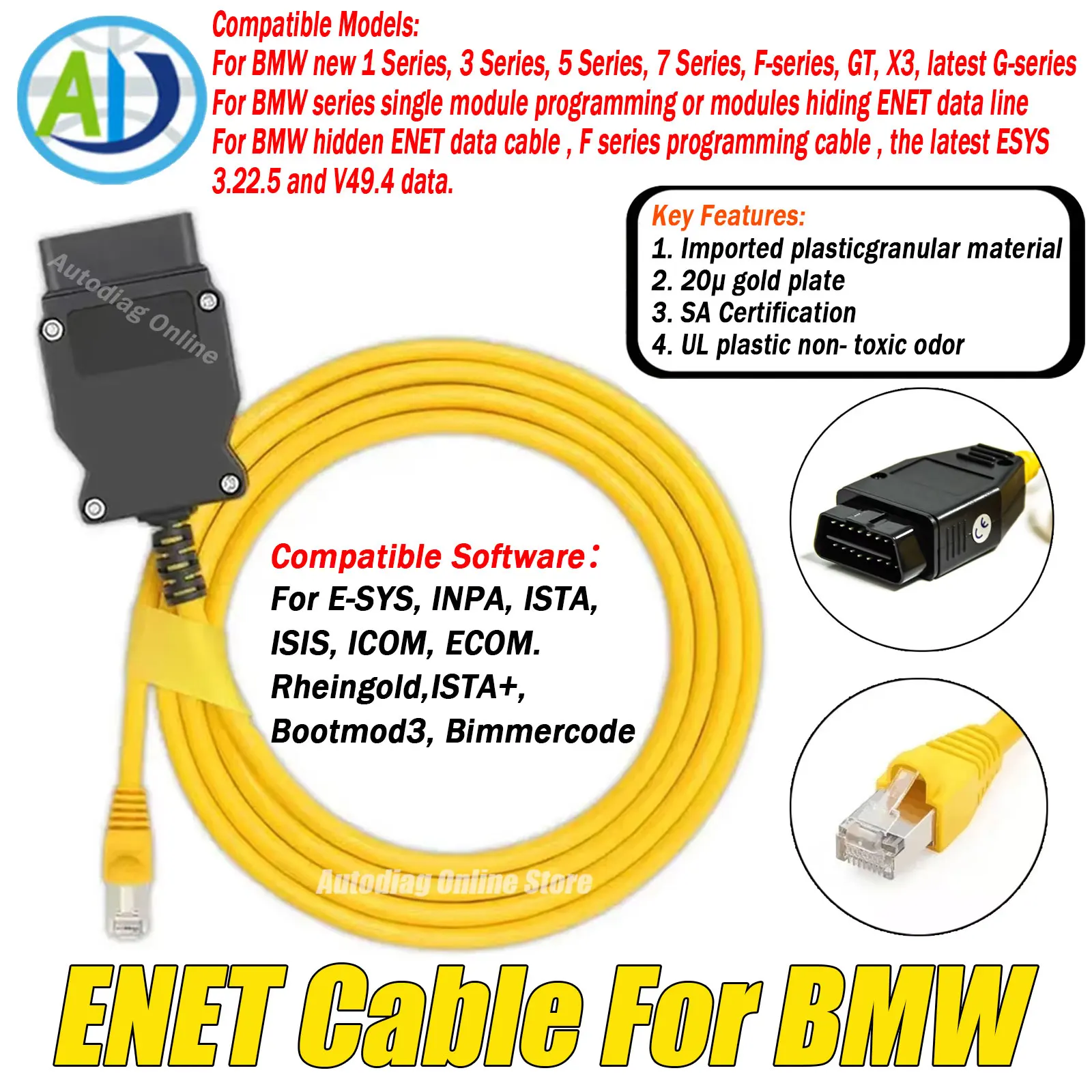 

ENET Cable For BMW F-Series Refresh Hidden Coding ECU Programming For ESYS OBDII Diagnostic Ethernet RJ45 Connector ENET Cable