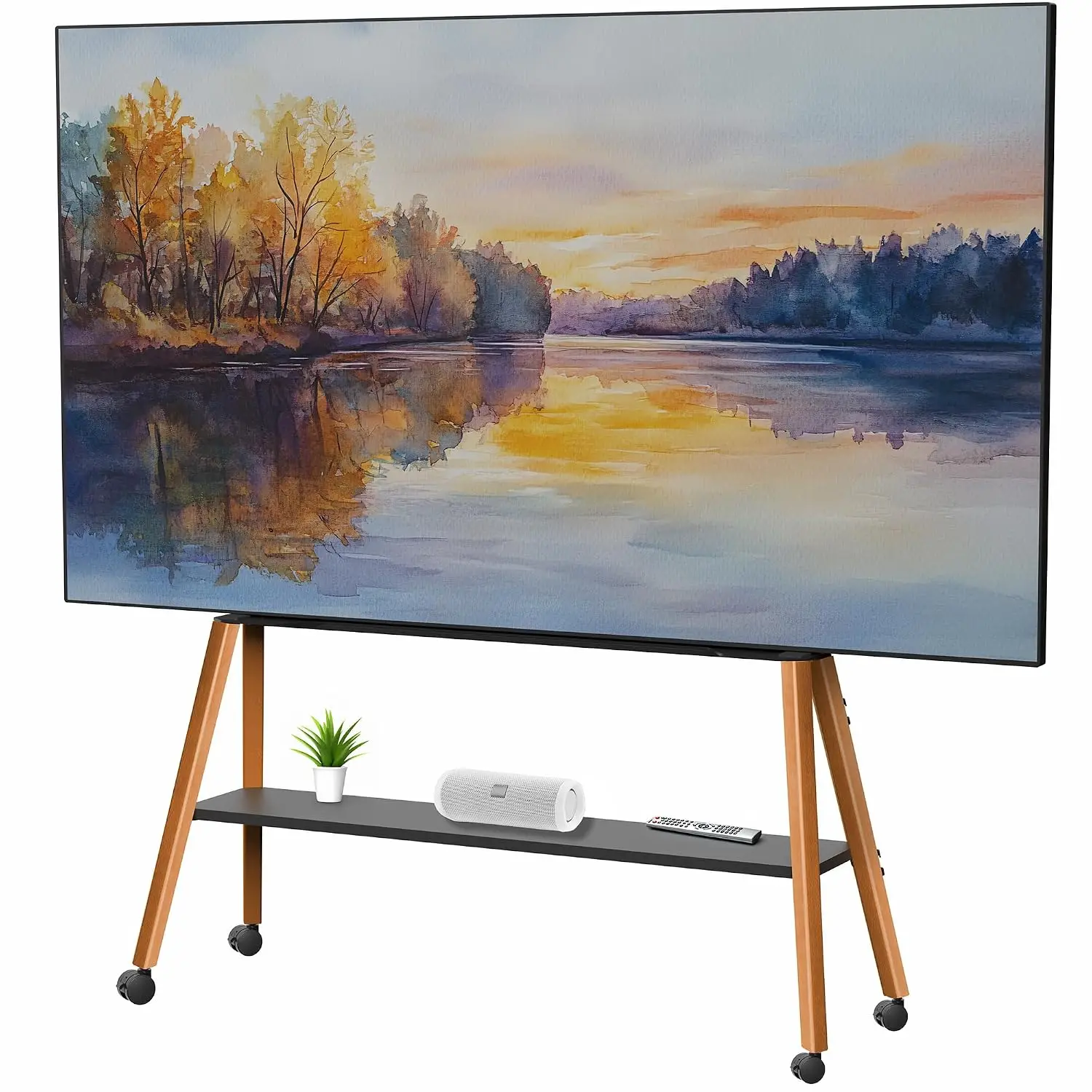 Rolling Artistic 50 to 90 inch LED LCD Screen Mobile Studio TV Easel Stand, Wood Accessory Shelf, Adjustable TV, Customized