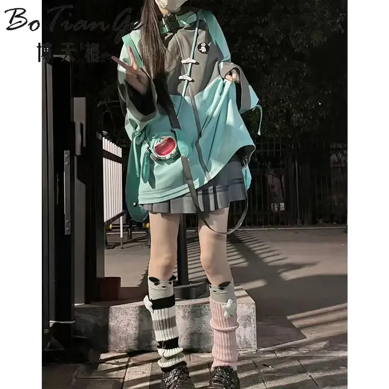 Anime Miku Color Contrasting Hooded Outerwear Autumn Winter Loose And Lazy Style Zipper Cardigan Halloween Top Coat For Girls