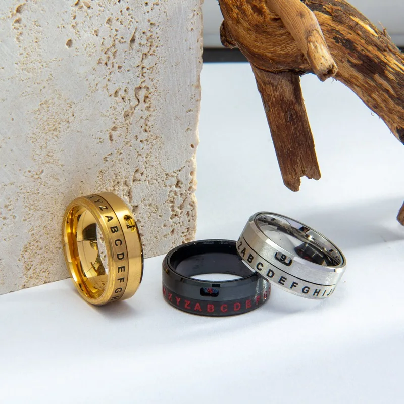 8MM Fashion Punk Biker Men's Stainless Steel Alphabet Number Spinner Ring Decoder Design Promise Rotatable Wedding Band view 3