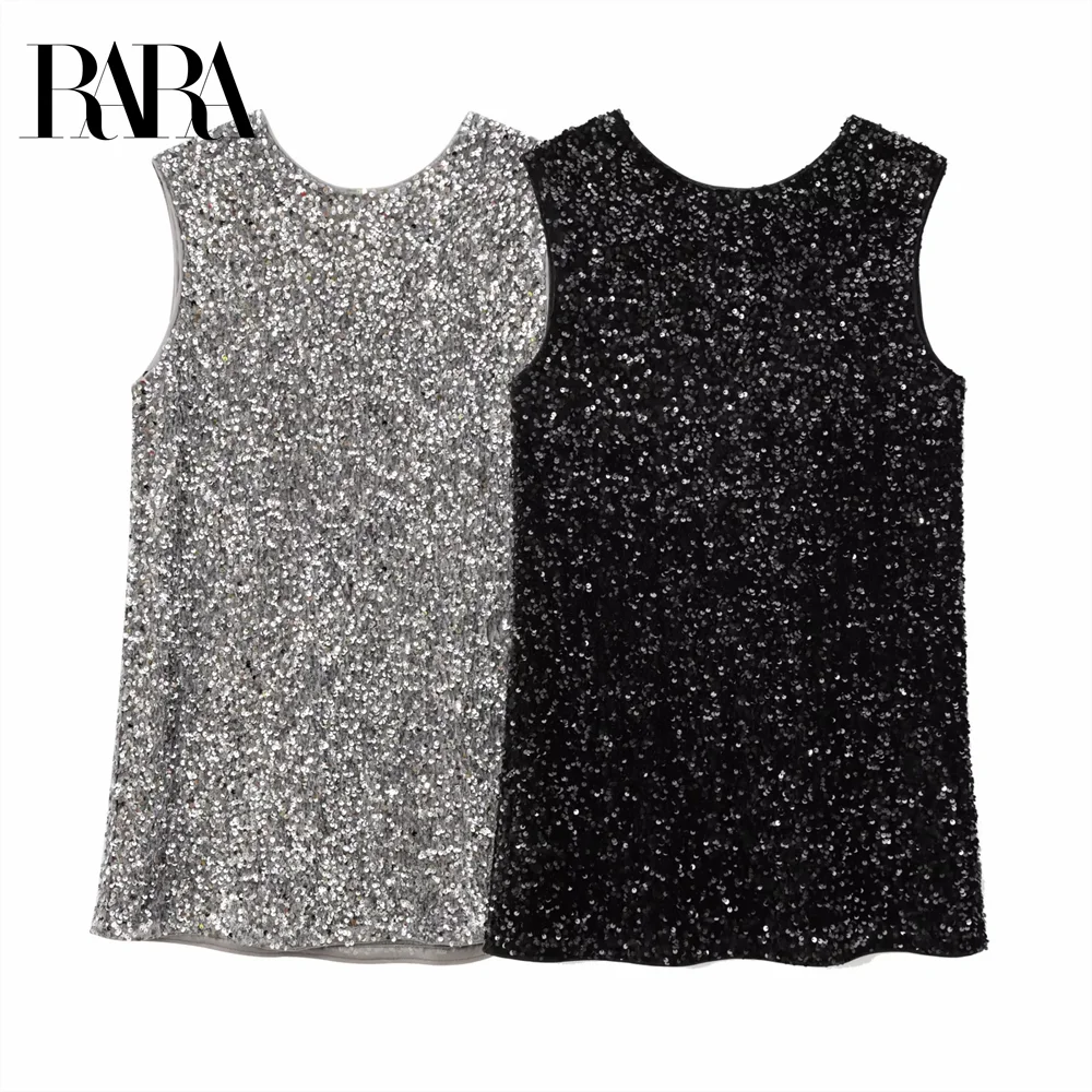 

2025 RARA Women's Sleeveless Sequin Dress with Oversized Black Bow for a Shimmering and Charming Look