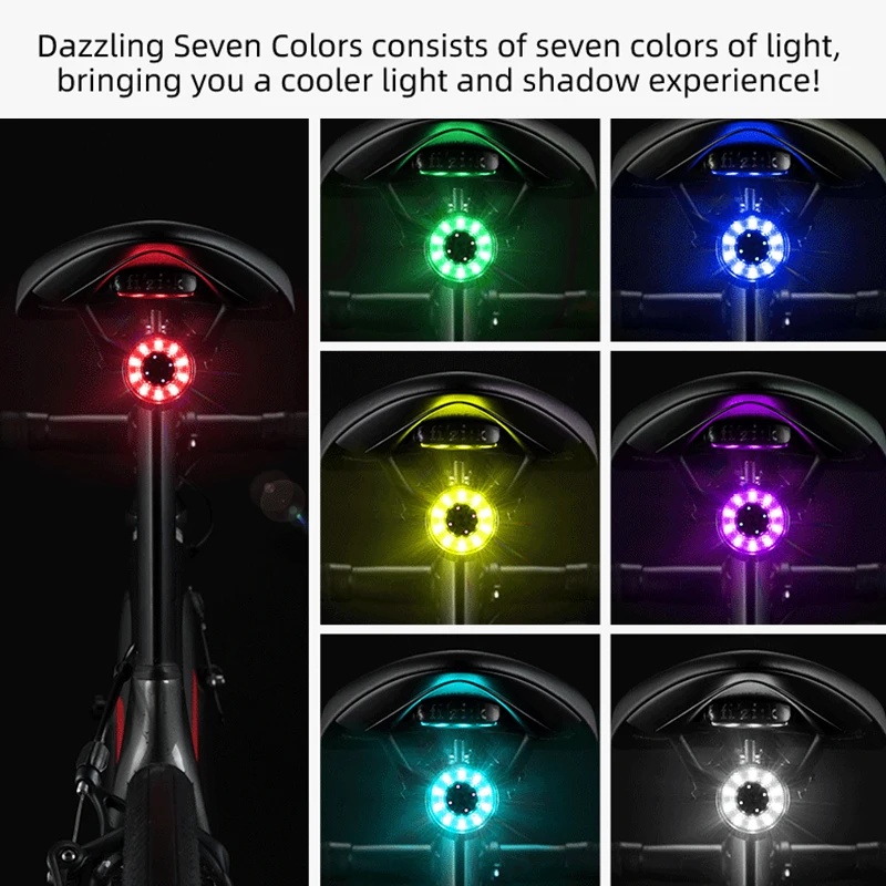 ROCKBROS Bicycle Rear Light Type-C Chargeable Colorful Lamp Bike Tail Light Aluminum MTB Road Saddle Seatpost Cycling Taillight