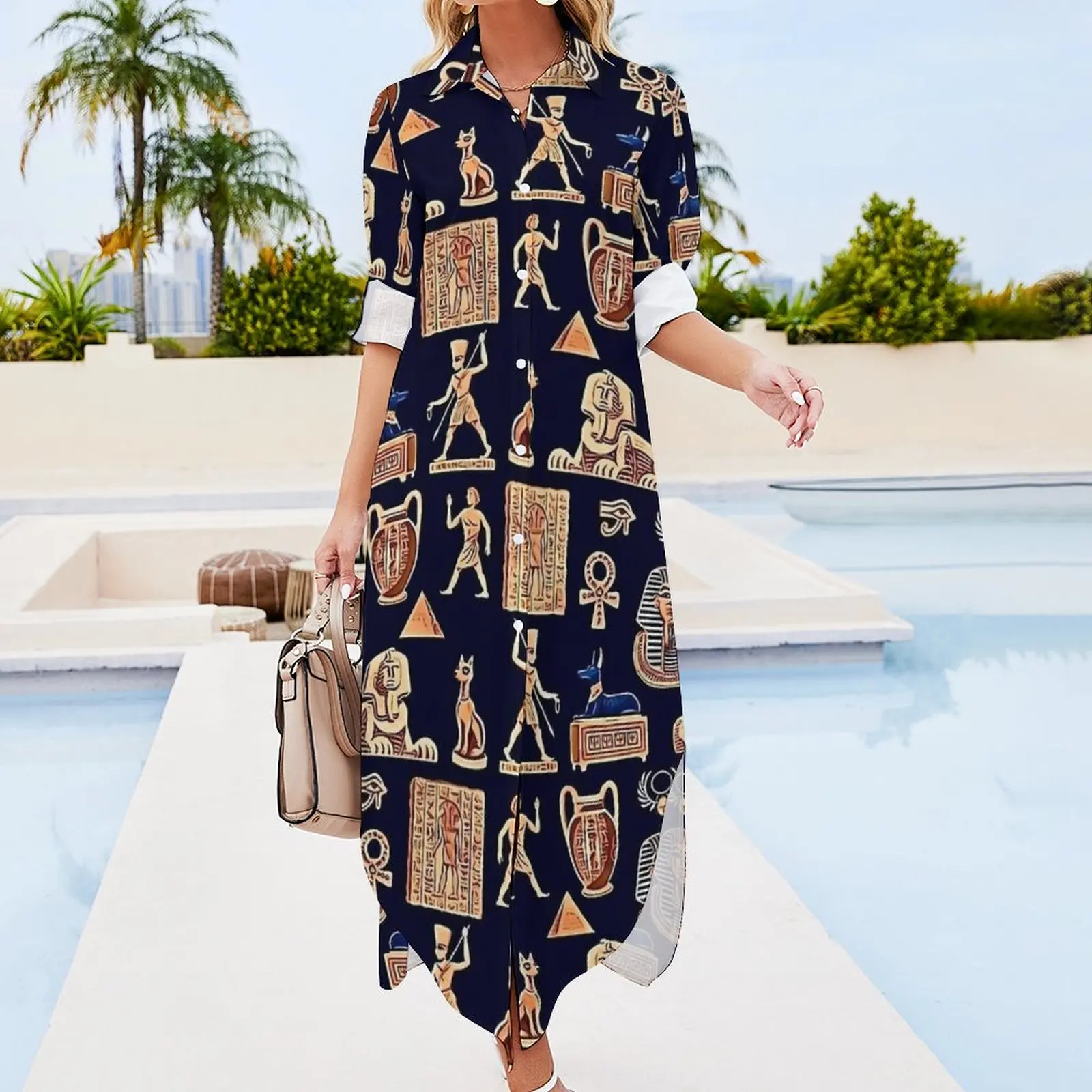 Ancient Egyptian Art Casual Dress  Aesthetic Dresses Long Sleeve Beach Female V Neck Pattern Big Size Chiffon Dress