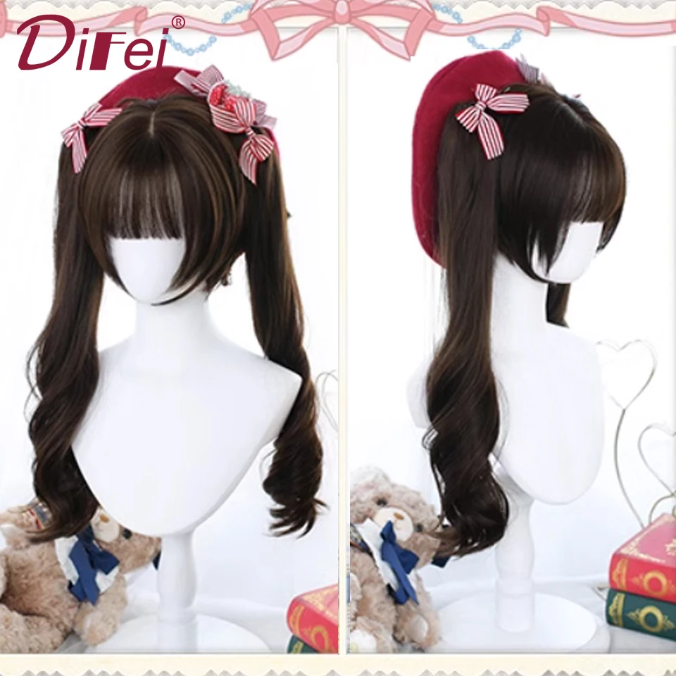 DIFEI Curly Hair Double Ponytail Synthetic Wig Female Cute Daily Lolita Cartoon Straight Bangs Double Ponytail Long Curly Hair