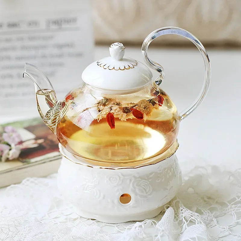 

Ceramic Teapot With Strainer Vintage Porcelain British Tea Pot And Cup Set Candle Heating Glass Coffee Mugs Home Decoration