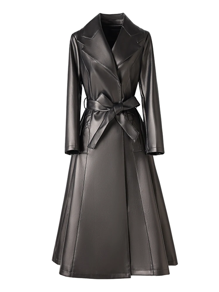   Cappotto in vera pelle Ning da donna, lunghezza media, in pelle di pecora, antivento, primaverile/autunnale, sopra il ginocchio, con cintura, maniche lunghe