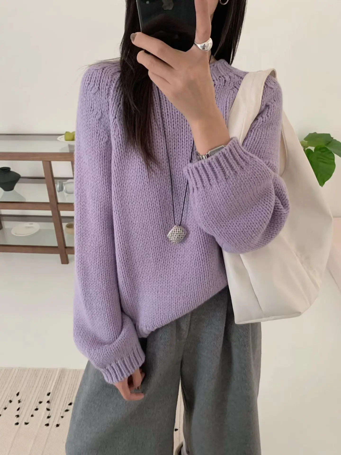 

Soft Korean Sle Wool Blend Knitted Sweater Women's round Ne Long Sve Loose Fit Lazy Sle Top Warm Casual Basic ...
