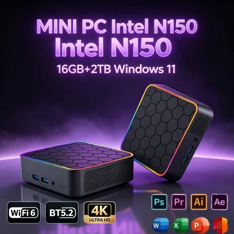 Intel N150 Portable Mini Computer Win11 Office Desktop 16GB RAM Support 2TB M.2 SSD WiFi 6 Bluetooth 5.2 Small Form Factor PC