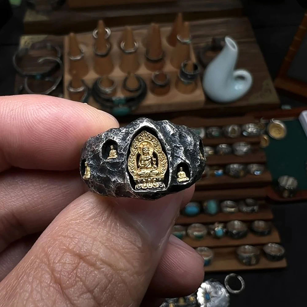 Handgefertigter verstellbarer Ring mit Schmieden, Hammermuster, buddhistischer Buddha, Grottoes-Design, Vintage-Stil, spiritueller Schmuck, Geschenk für Männer und Frauen