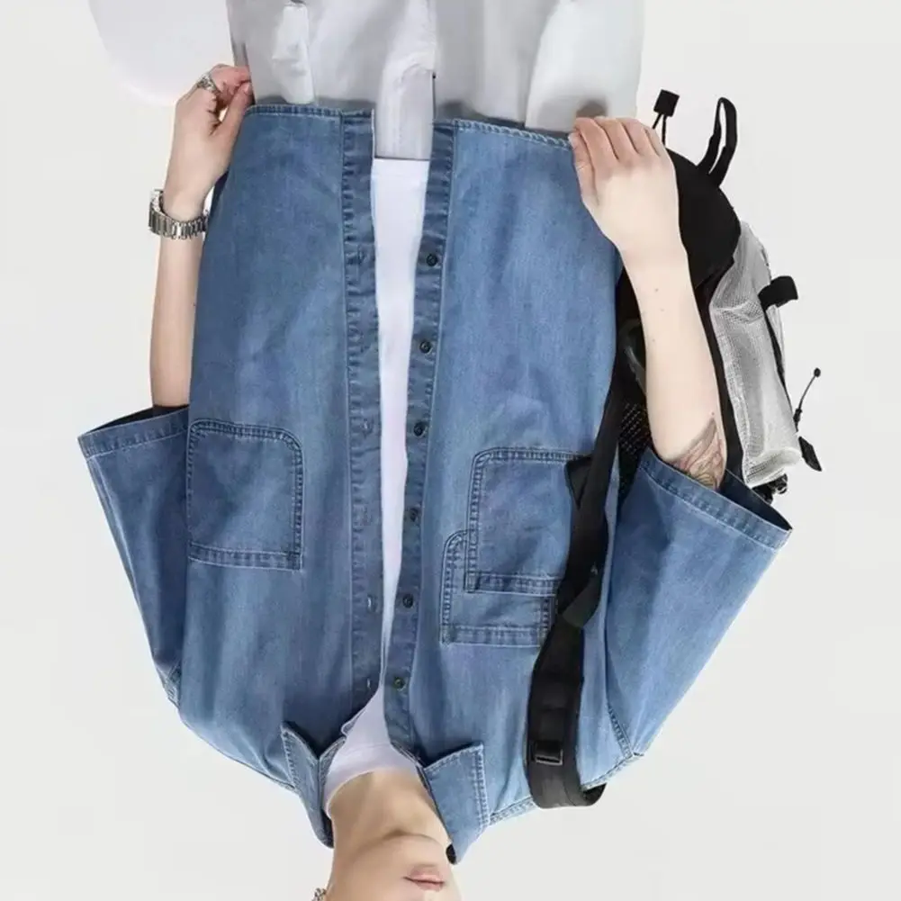 

2025 Men Short Sleeve Cotton Shirt Summer Button Down Lapel Denim Shirts With Pockets Casual Men Trendy Classic Shirt Streetwear