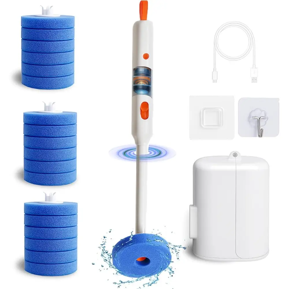 

Электрическая щетка для унитаза с держателем, Новинка 2025 года, Набор для чистки 4-в-1 с одноразовыми насадками, 18 рулонов, 3 скорости, Мощное вращение, Перезаряжаемый