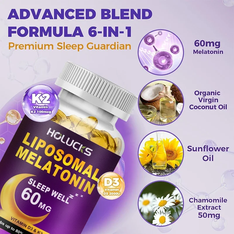 Melatonin 60mg, with Vitamin D3 K2, Chamomile, for Sound Sleep Cycle, Immune & Antioxidant, 150 Softgels Capsules