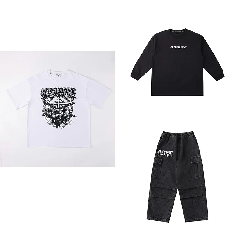 2025 novos meninos trajes de dança jazz solto impressão camiseta jeans crianças dança rua hip hop dança grupos trajes palco dn21859