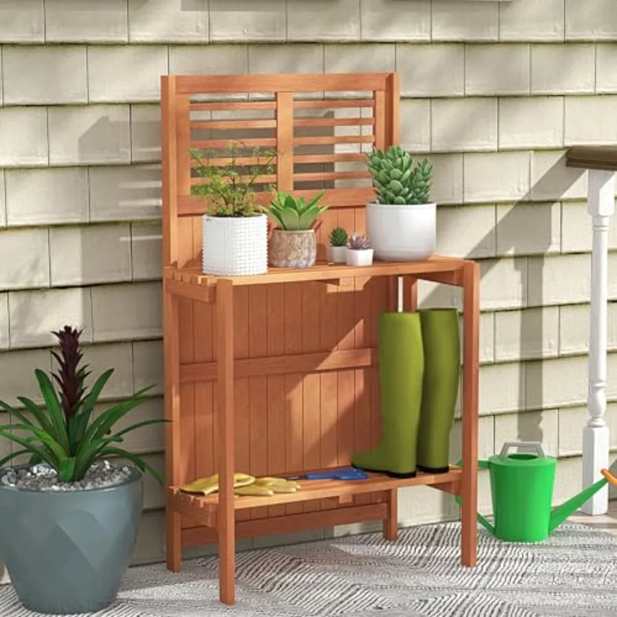 Outdoor Garden Potting Bench Table For Deck Balcony Backyard Use, Made Of Wood, Natural Brown Color, Folding Design With Trelli