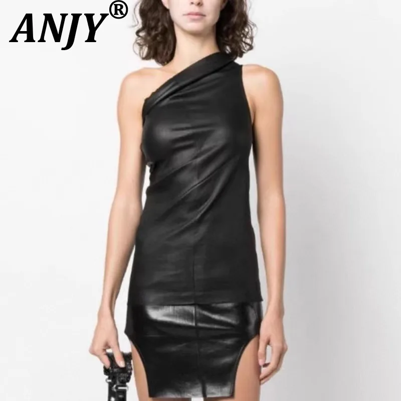 ANJY Summer New Women Dark RO Style Diagonal Collar One-Shoulder Sleeveless Slim Fit PU Leather Vest Fashion Ins Tank Top A21200