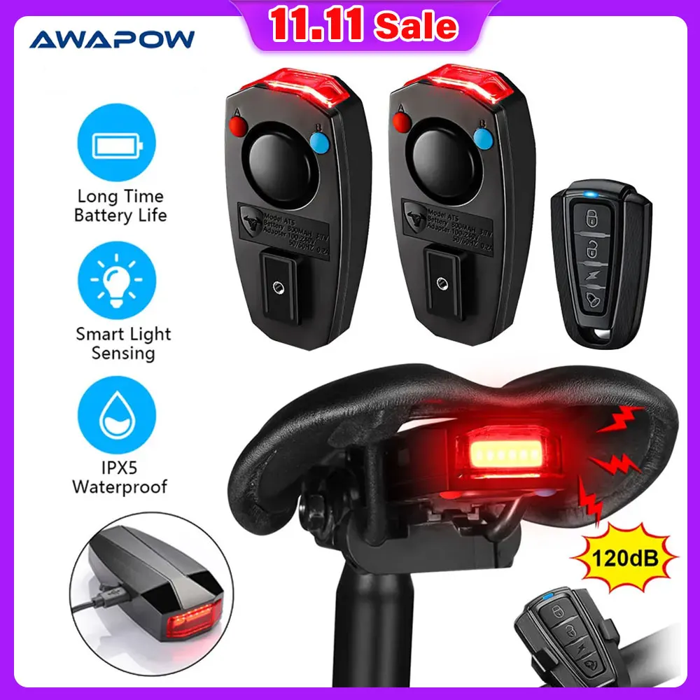 Awapow Bicycle Light Anti Theft Alarm Wireless Waterproof Auto Brake Sensing Remote Control USB Bike Taillight Horn Lamp Alarm