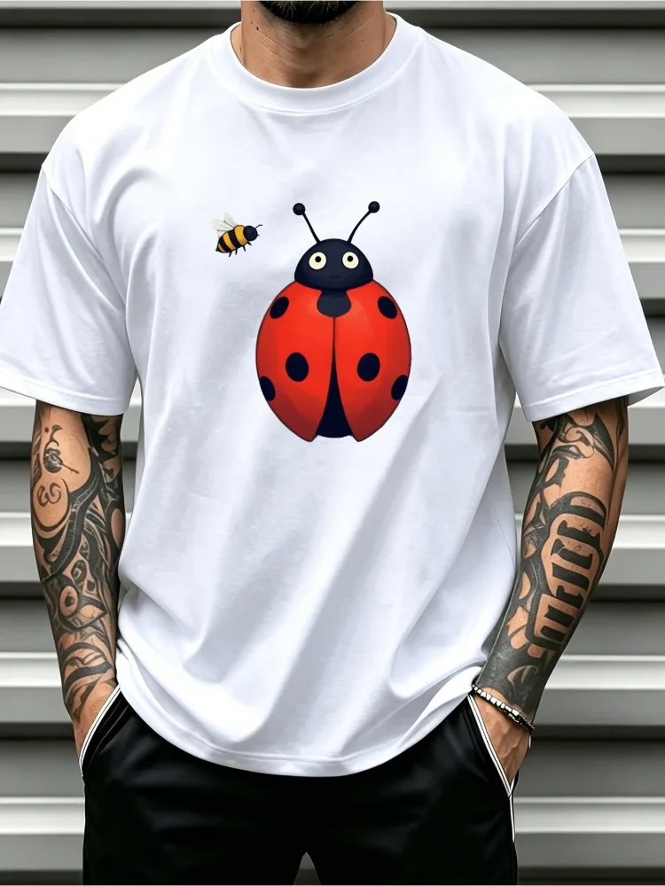 Mens Black Cotton Tee Cute Cartoon Ladybug Bee Nature Insect Graphic Crew Neck Short Sleeve Soft Oversized Male Daily Casual Top