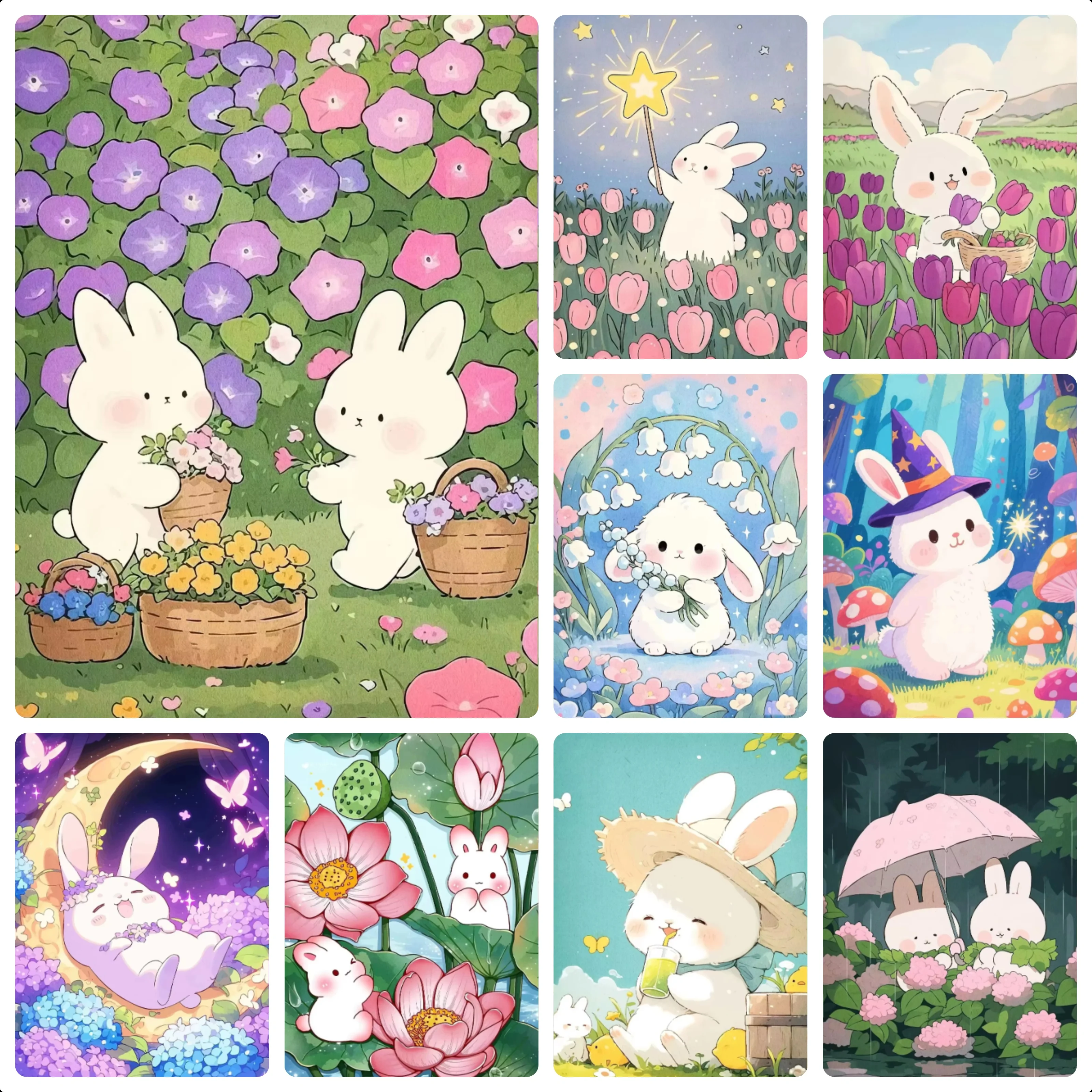 Digital Oil Painting By Numbers Lovely Cartoon Rabbit Floral Scenery on Canvas Home Decor for Game Room Frameless