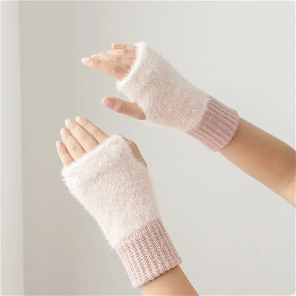 

Fashion Plush Knitted Gloves Soft Keep Warm Fingerless Gloves Office Writing Solid Color Mittens for Student Girls