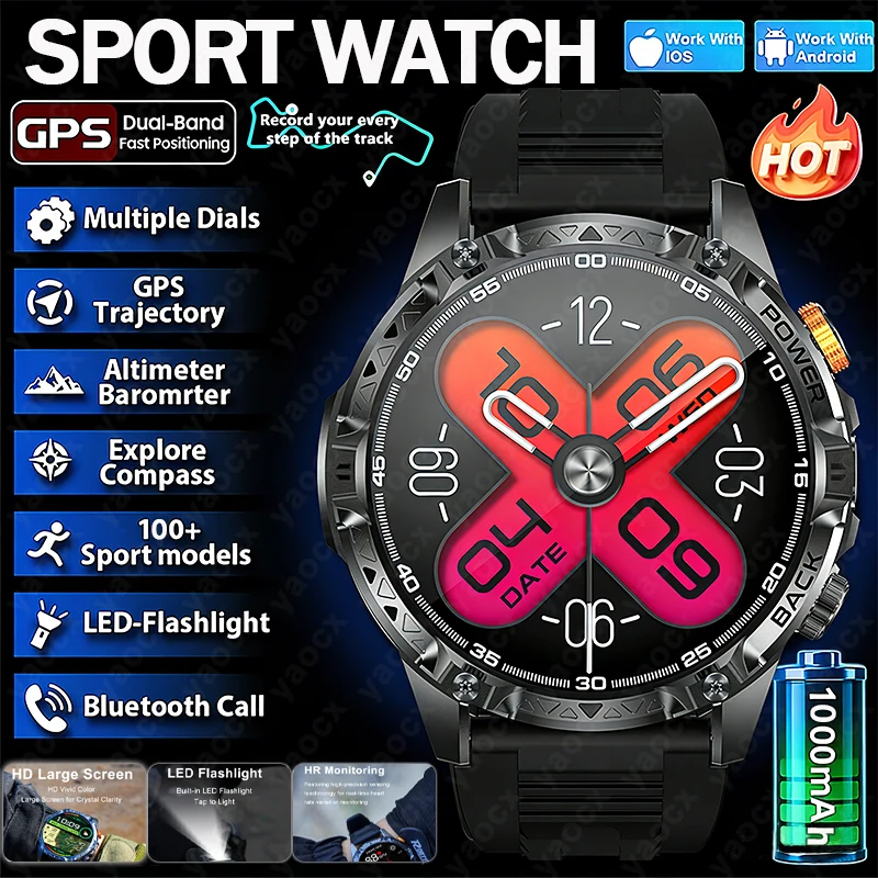 

Мужские умные часы 2026 года для активного отдыха с аккумулятором 1000 мАч, пульсометром, компасом, водонепроницаемостью IP68, спортивным трекером, для активного отдыха, военные смарт-часы