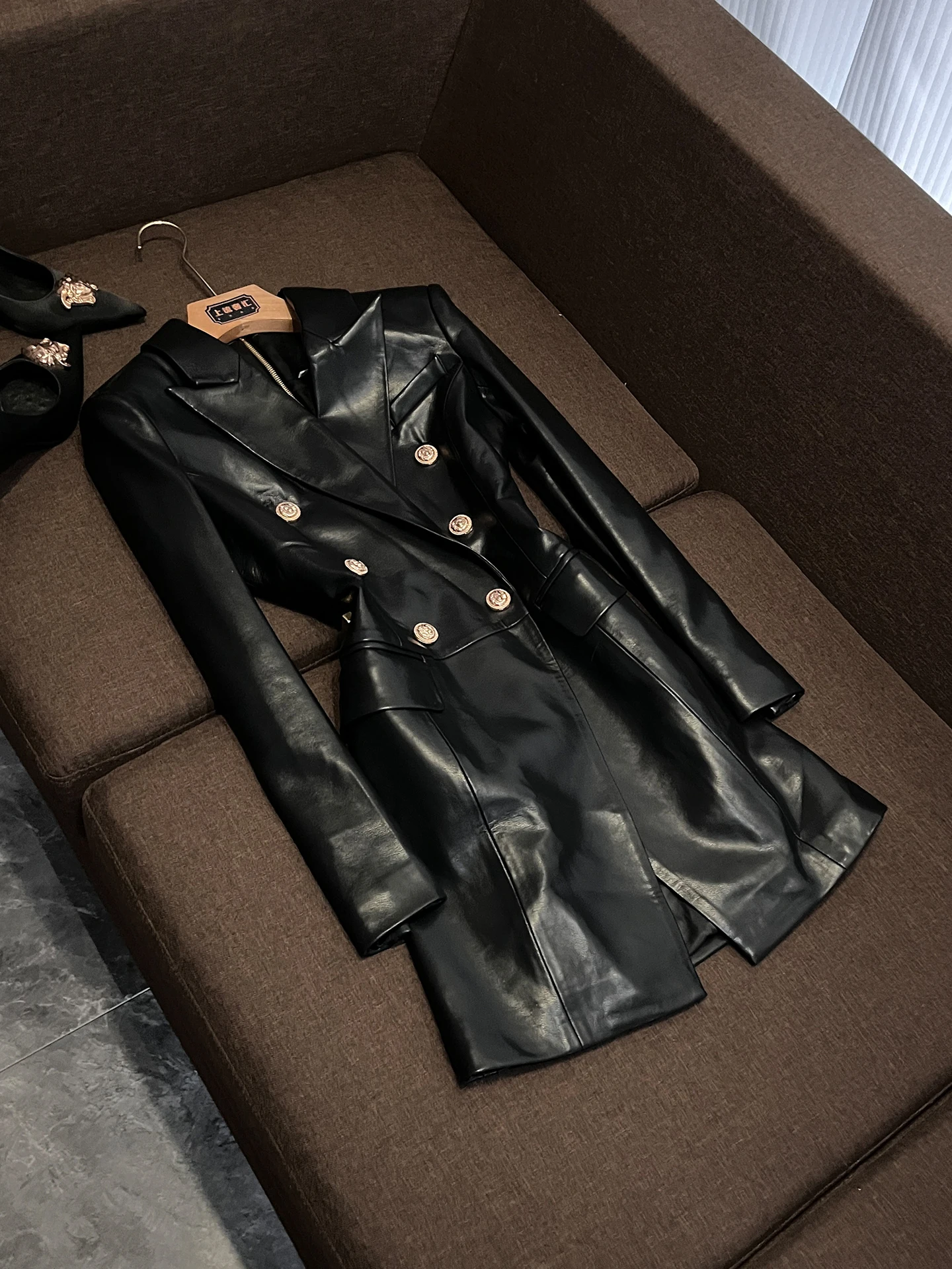 

Slim Fit Double Breasted PU Leather Suit Dr Midi Length Simple Sle Women's Winter Faion Ci Commute Suitable Dr