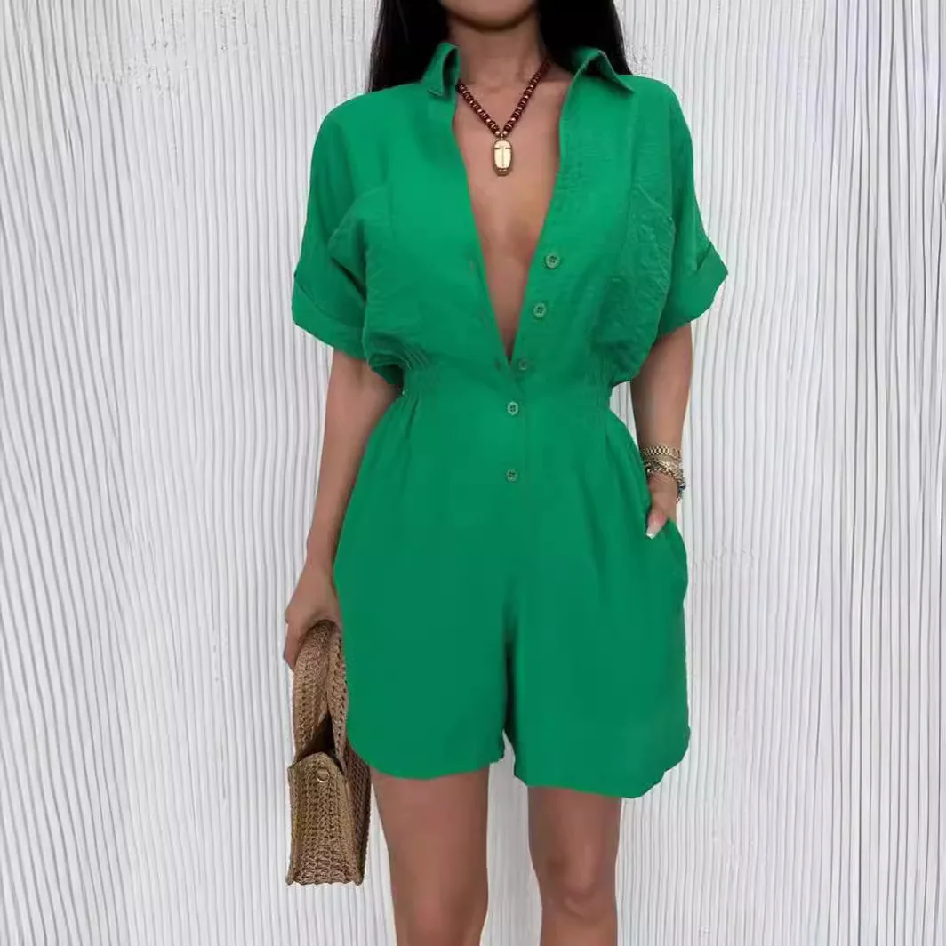 

European and American hot selling women's foreign trade solid color short-sleeved casual loose jumpsuit suit for women