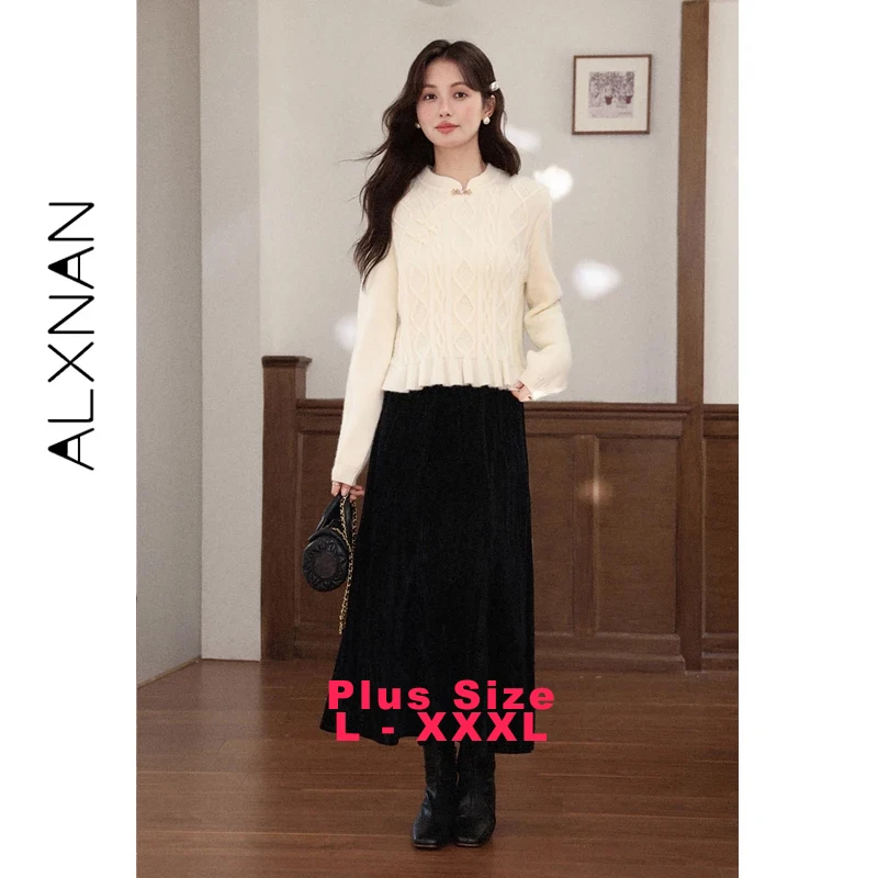 

ALXNAN Plus Size Skirt Vintage Velvet High Waist A-line Pleated Women's Midi Skirt 2025 Fall Casual Elegant Clothing D59111